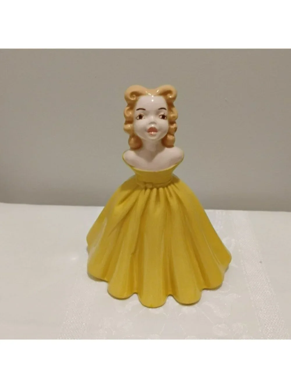 Vtg 1966 Ceramic Girl Figurine Yellow Ballgown Dress Sun Hat Hand Painted MCM